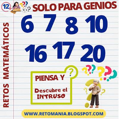 SOLO PARA GENIOS Desafío matemático, Reto matemático, Problema matemático, Acertijos, Acertijos matemático, Acertijos visuales, Retos visuales, Retos mentales, Retos virales, MateRecreativa, Matemática Recreativa, Pasatiempos matemáticos, El Intruso, Solo para Genios