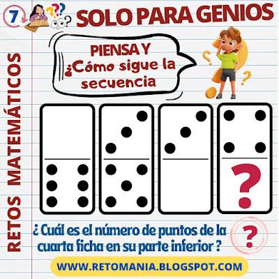 SOLO PARA GENIOS Desafío matemático, Reto matemático, Problema matemático, Acertijos, Acertijos matemático, Acertijos visuales, Retos visuales, Retos mentales, Retos virales, MateRecreativa, Matemática Recreativa, Pasatiempos matemáticos, Solo para Genios, Fichas de dominó, Juegos con el Dominó, Retos con fichas de dominó