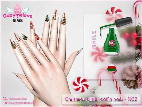 Sims 4 CC | Nails: Christmas glitter coffin nails • N02 | Gabymelove Sims | Download, descargar, gratis, free, custom content, contenido personalizado, mod, mods, uñas, nail art, xmas, xmass, navidad, navideñas, navideño, imvierno, nochebuena, winter, season, holiday, ataud, shape, forma, curseforge