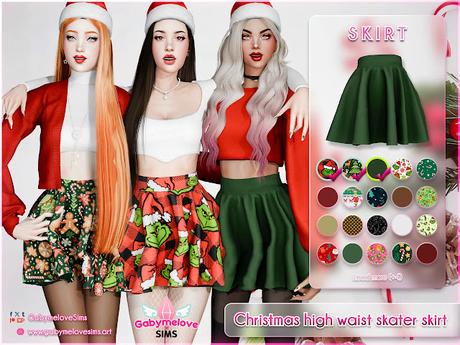 [DD] Sims 4 CC | Clothing: Christmas high waist skater skirt | Gabymelove Sims | Download, descargar, gratis, free, contenido personalizado, mod, mods, custom content, cloth, clothes, ropa, bottom, vestuario, vestimenta, xmas, xmass, navidad, navideño, navideña, holiday, decembrino, festivo, winter, invierno, santa, merry, corte, alto, cintura, vuelo, falda, El, The, Grinch