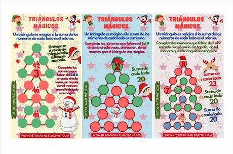 NAVIDAD - TRIÁNGULOS MÁGICOS Desafío matemático, Reto matemático, Problemas matemáticos, Retos mentales, Retos virales, Retos visuales, Acertijos, Acertijos matemáticos, Triángulos mágicos, Navidad, Matemática y Navidad, MateNavidad, Triángulos mágicos navideños