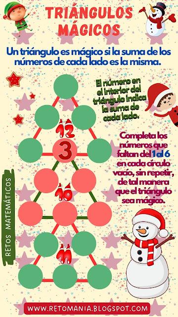 TRIÁNGULO MÁGICO Desafío matemático, Reto matemático, Problemas matemáticos, Retos mentales, Retos virales, Retos visuales, Acertijos, Acertijos matemáticos, Triángulos mágicos, Navidad, Matemática y Navidad, MateNavidad, Triángulos mágicos navideños