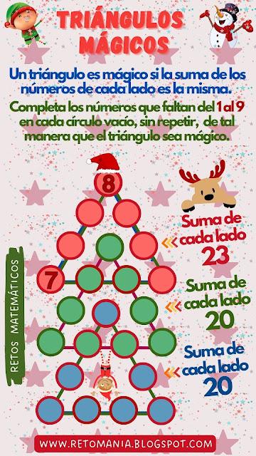 TRIÁNGULO MÁGICO Desafío matemático, Reto matemático, Problemas matemáticos, Retos mentales, Retos virales, Retos visuales, Acertijos, Acertijos matemáticos, Triángulos mágicos, Navidad, Matemática y Navidad, MateNavidad, Triángulos mágicos navideños