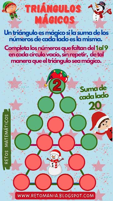 TRIÁNGULO MÁGICO Desafío matemático, Reto matemático, Problemas matemáticos, Retos mentales, Retos virales, Retos visuales, Acertijos, Acertijos matemáticos, Triángulos mágicos, Navidad, Matemática y Navidad, MateNavidad, Triángulos mágicos navideños