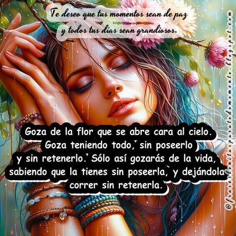 Goza de la flor que se abre cara al cielo. Goza teniendo todo, sin poseerlo y sin retenerlo. Sólo así gozarás de la vida, sabiendo que la tienes sin poseerla, y dejándola correr sin retenerla. Te deseo que tus momentos sean de paz y todos tus días sean grandiosos.
