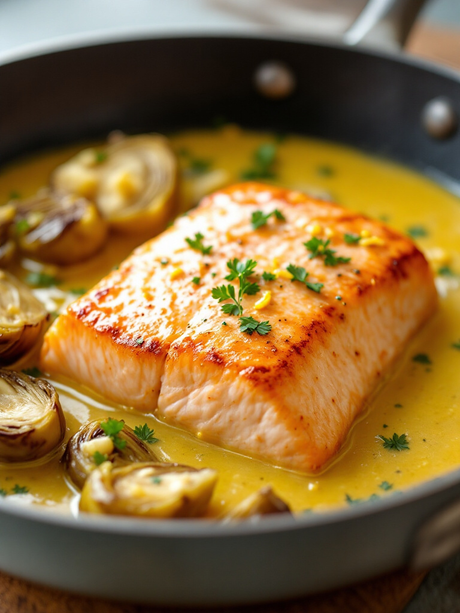 SALMÓN CON ALCACHOFAS EN SALSA DE LIMÓN