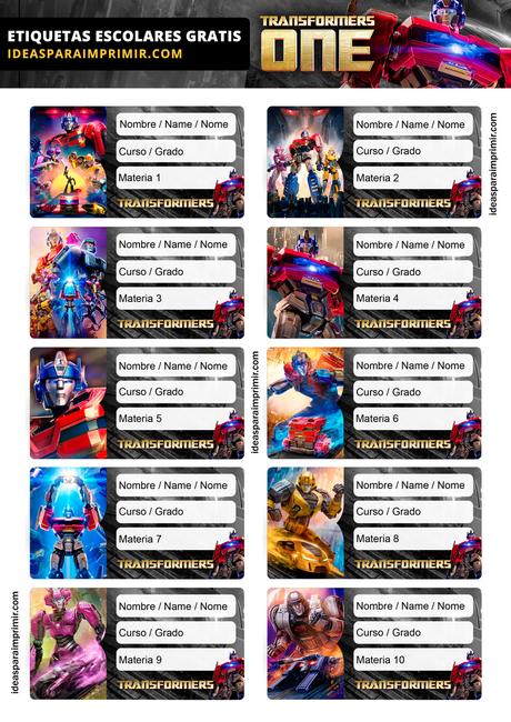 [+10] Etiquetas escolares de TRANSFORMERS GRATIS para editar e imprimir!