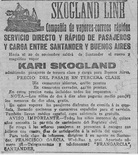 1923: Skogland Line,compañía de vapores y correos entre Santander y Buenos Aires