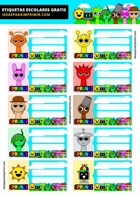 [+10] Etiquetas escolares de SPRUNKI GRATIS para editar e imprimir!