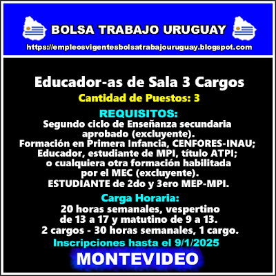 Educador-as de Sala 3 Cargos(Ciudad Vieja) Educador-as de Sala 3 Cargos(Ciudad Vieja)