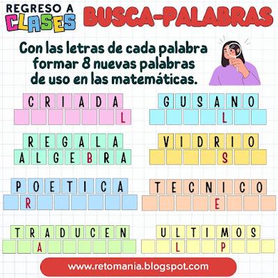 De Vuelta a Clases. Volver al Cole, De Vuelta al Cole, Acertijos, Acertijos matemáticos, Acertijos visuales, Desafíos matemáticos, Retos matemáticos, Problemas matemáticos, Retos mentales, Retos virales, Matemáticas Recreativa, Didáctica de la matemática, MateRecreativa, Juego de Palabras, Picas y Fijas, Palabra Oculta, BuscaPalabras