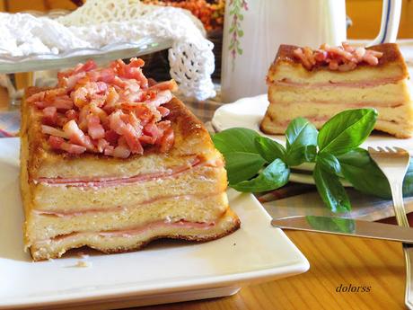 Pastel de jamón,  queso y beicon crujiente