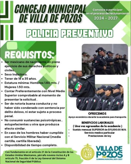 Villa de Pozos abre convocatoria para formar parte de la Policía Preventiva