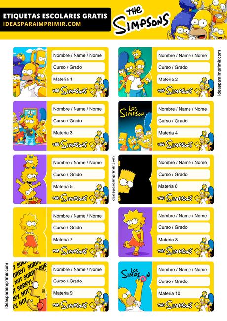 [+10] Etiquetas escolares de LOS SIMPSONS GRATIS para editar e imprimir!