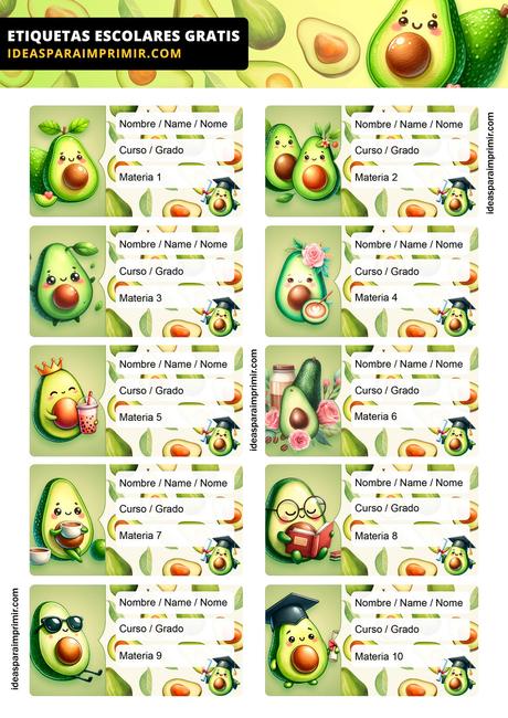 [+10] Etiquetas escolares de PALTA / AGUACATE / AVOCADO GRATIS para editar e imprimir!