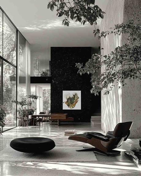 SalĂłn con grandes ventanales y una obra de la serie Tierra, en tonos terrosos y naturales, que conecta con lo esencial y lo sĂłlido