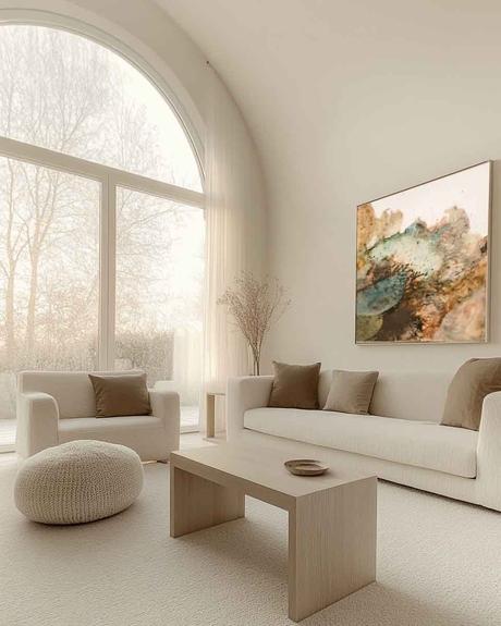 Sala luminosa con obra abstracta de la serie Tierra, en tonos naturales y texturas orgĂĄnicas, que transmite estabilidad y conexiĂłn con la naturaleza.