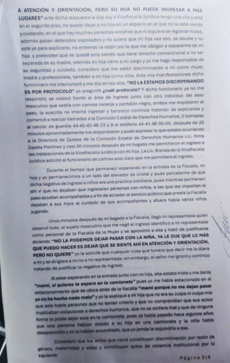 FGE de San Luis Potosí enfrenta denuncias por impedir el acceso a la abogada Fátima Elizabeth Viera Gutiérrez y su hija
