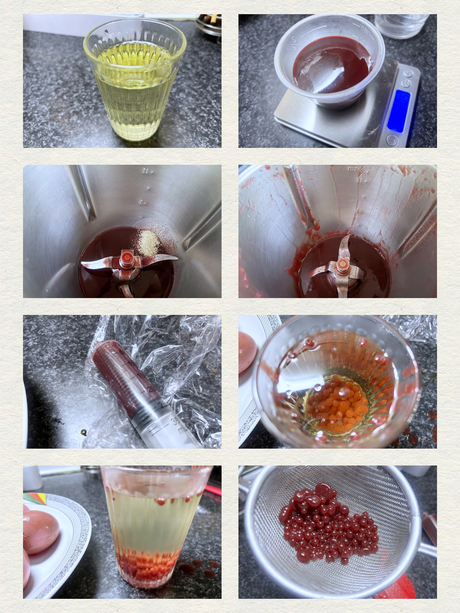 Huevos púrpura rellenos de atún y caviar de remolacha