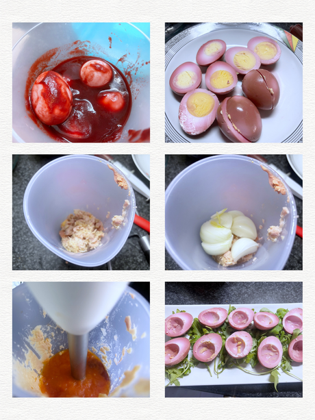 Huevos púrpura rellenos de atún y caviar de remolacha