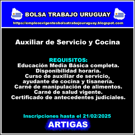 Auxiliar de Servicio y Cocina(Artigas) Auxiliar de Servicio y Cocina(Artigas)