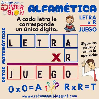 Desafío matemático, Reto matemático, Problema matemático, Juego de Letras, Juego de Palabras, Alfamética, Criptoaritmética, CriptoSuma