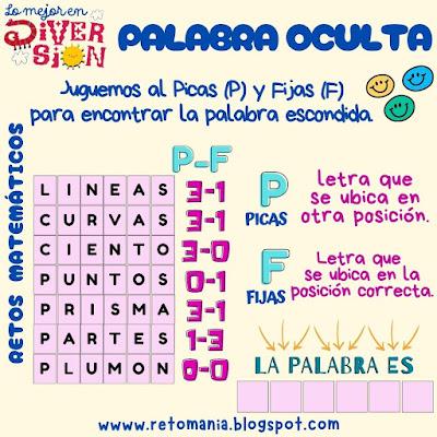 Desafío matemático, Reto matemático, Problema matemático, Juego de Letras, Juego de Palabras, Palabra Oculta, Palabra Desconocida, BuscaPalabras, Picas y Fijas, RetoPalabras