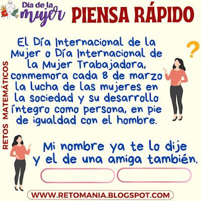 Desafío matemático, Reto matemático, Problema matemático, Retos mentales, Retos Visuales, Acertijos, Acertijos Visuales, Retos Virales, Aprender Jugando, Día de la Mujer, Día Internacional de la Mujer, Juego de Palabras, Adivinanzas