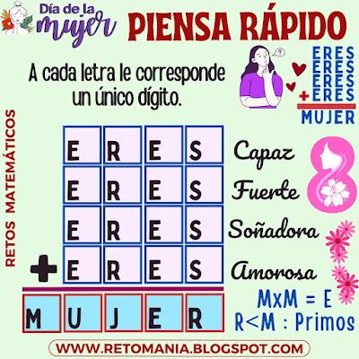 Desafío matemático, Reto matemático, Problema matemático, Retos mentales, Retos Visuales, Acertijos, Acertijos Visuales, Retos Virales, Aprender Jugando, Día de la Mujer, Día Internacional de la Mujer, Juego de Palabras, Suma de Palabras, Suma de letras, Criptoaritmética, Criptosuma, Alfamética