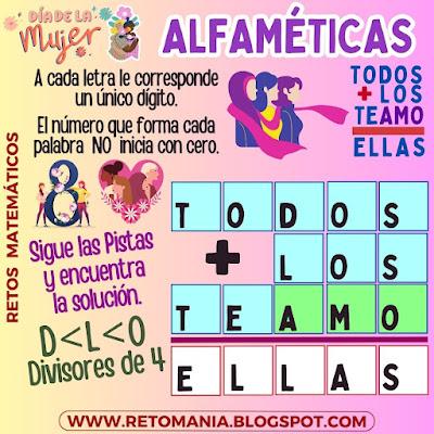 Día de la mujer, Día Internacional de la mujer, Retos matemáticos, Desafíos matemáticos, Problemas matemáticos, Juego de letras, Juego de palabras, Suma de letras, Suma de palabras, Criptoaritmética, Criptosuma, Criptograma, Alfamética, Alfamétika