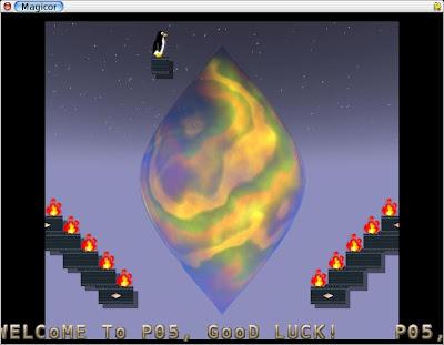 Magicor, un  rompecabezas con bloques de hielo y Tux, la mascota de Linux.