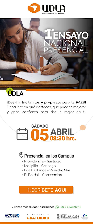 Invitación al 1° Ensayo Nacional Presencial PAES 2025 de la UDLA.