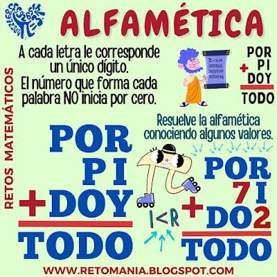 ALFAMÉTICAS PI Día Pi, Día Internacional de Pi, Día Internacional de las Matemáticas, Acertijos, Desafíos matemáticos, Retos matemáticos, Problemas matemáticos, Retos mentales, Retos Visuales, Retos Virales, Suma de Letras, Suma de Palabras, CriptoAritmética, CriptoSuma, Alfamética, Alfametika