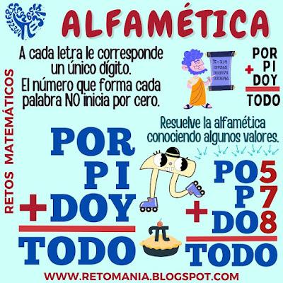 ALFAMÉTICAS PI Día Pi, Día Internacional de Pi, Día Internacional de las Matemáticas, Acertijos, Desafíos matemáticos, Retos matemáticos, Problemas matemáticos, Retos mentales, Retos Visuales, Retos Virales, Suma de Letras, Suma de Palabras, CriptoAritmética, CriptoSuma, Alfamética, Alfametika