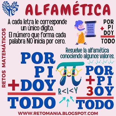 ALFAMÉTICAS PI Día Pi, Día Internacional de Pi, Día Internacional de las Matemáticas, Acertijos, Desafíos matemáticos, Retos matemáticos, Problemas matemáticos, Retos mentales, Retos Visuales, Retos Virales, Suma de Letras, Suma de Palabras, CriptoAritmética, CriptoSuma, Alfamética, Alfametika