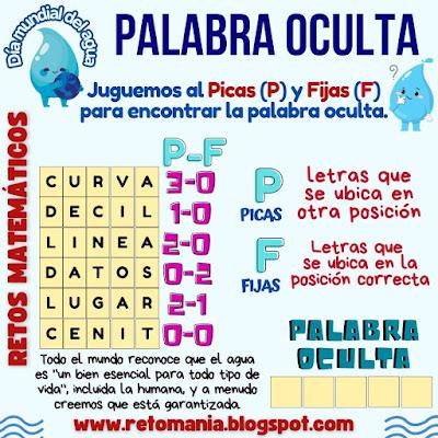 Día del Agua, Día mundial del Agua, Retos matemáticos, Desafíos matemáticos, Problemas matemáticos, Problemas de ingenio, Problemas de lógica, Retos mentales, Retos virales, Matemática Recreativa, MateRecreativa, Pasatiempos, Aprender Jugando, Juego de Palabras, Juego de Letras, Palabra Oculta, BuscaPalabras