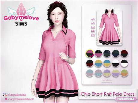 Sims 4 CC | Clothing: Chic Short Knit Polo Dress [HQ compatible] Gabymelove Sims | custom, content, contenido, personalizado, mod, mods, cloth, clothes, ropa, vestimenta, vestuario, elegant, elegante, corto, a punto, tejido, collar, cuello, vestido, high, quality, definition, alta, resolución, calidad, free, gratis, curseforge, patreon, tumblr, download, descargar, pink, rosa, heart, asian, korean,