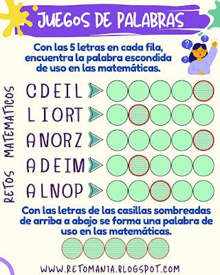 BUSCAPALABRAS Juego de letras, Juego de Palabras, BuscaPalabras, Palabra Oculta, Desafíos matemáticos, Problemas matemáticos, Retos matemáticos, MateRecreativa, Matemática Recreativa, Juegos en el Aula