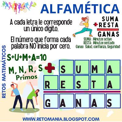 ALFAMÉTICA Día del Deporte, Día Internacional del Deporte, Día mundial del Deporte, Acertijos, Acertijos visuales, Retos visuales, Retos mentales, Juegos mentales, Juegos educativos, Retos matemáticos, Desafíos matemáticos, Problemas matemáticos, Mate y Deportes, Matemática y Deportes, Alfamética, CriptoAritmética, Suma de palabras