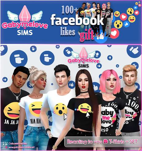 Set de camisetas personalizadas para Los Sims 4 con emojis de reacciones, diseñadas por Gabymelove Sims. Incluye diseños divertidos y coloridos para Sims masculinos y femeninos.