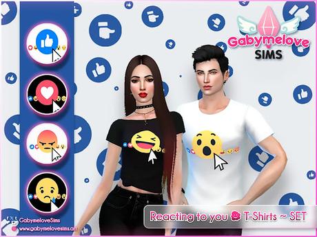 Camisetas para Sims con emojis de Facebook como Like, Me encanta, Me enoja y Me entristece. Diseños modernos inspirados en interacciones sociales. Contenido personalizado para Los Sims 4 por Gabymelove Sims.