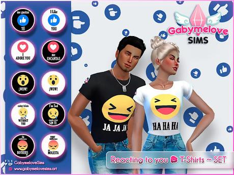 Set de camisetas con frases divertidas en español e inglés como 'me gustas tú' y 'I adore you', combinadas con emojis. Contenido CC para Los Sims 4 de Gabymelove Sims.