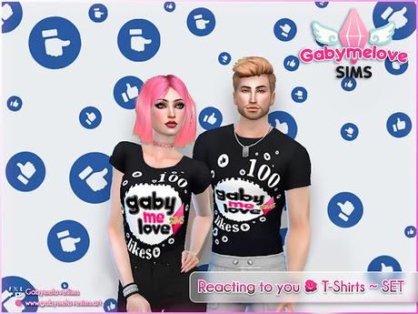 Camisetas personalizadas con el diseño '100 likes' y el logo de Gabymelove Sims. Ropa para Sims con temática de redes sociales, ideal para creadores de contenido y jugadores de Los Sims 4.
