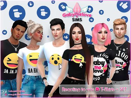 Set de camisetas personalizadas para Los Sims 4 con emojis de reacciones, diseñadas por Gabymelove Sims. Incluye diseños divertidos y coloridos para Sims masculinos y femeninos.