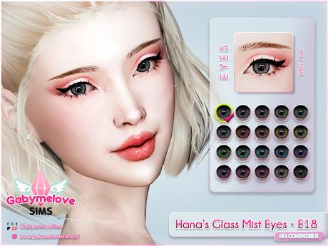 The Sims 4 custom content preview: Hana’s Glass Mist Eyes – E18. A set of Maxis Mix-style contact lens eyes with soft shine, misty texture, and ulzzang aesthetic. HQ compatible CC for all ages and genders, shown on a pastel render with a female Sim. Perfect for doll-like, fantasy, or realistic Sims.