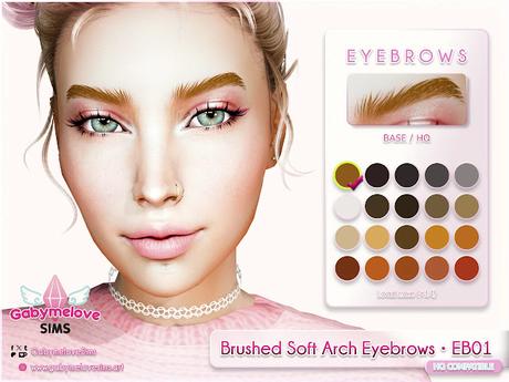 Close-up render of a female Sim wearing the “Brushed Soft Arch Eyebrows • EB01” by Gabymelove Sims. The image shows a natural alpha eyebrow CC with a brushed-up texture and soft arch shape, displayed in 24 swatches. Preview includes a frontal view of the Sim's face and a swatch panel.
