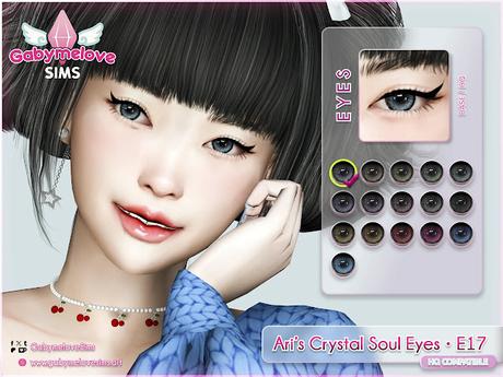 Preview of custom content for The Sims 4: Ari's Crystal Soul Eyes E17 by Gabymelove Sims. Features 16 realistic eye colors with HQ shine and soft texture. Image shows a Sim with light blue eyes, kawaii style, and full swatch palette