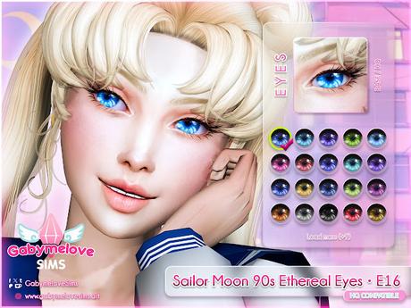 Lentes de contacto realistas inspirados en Sailor Moon para Los Sims 4, estilo animé años 90 con reflejos brillantes. Mod CC HQ compatible de Gabymelove Sims. 29 colores de ojos inspirados en personajes de Sailor Moon, diseño etéreo y mágico para Sims 4. CC de ojos anime de Gabymelove Sims.