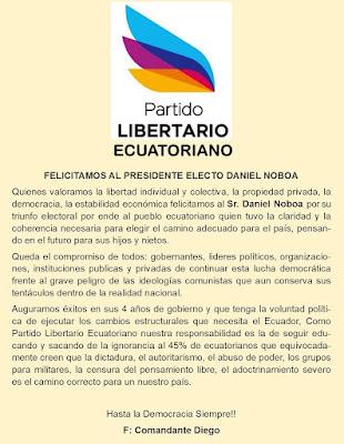 Partido Libertario Ecuatoriano a Daniel Noboa