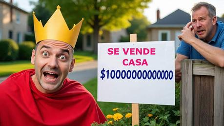 Vender Casa Rápido Zona Norte: 7 Estrategias 2025 Ilustración humorística de un hombre sobrevalorando su casa por apego sentimental, vestido como un rey de caricatura junto a un cartel de 'Se Vende' con un precio excesivo y poco realista. Representa un error común al vender una propiedad.